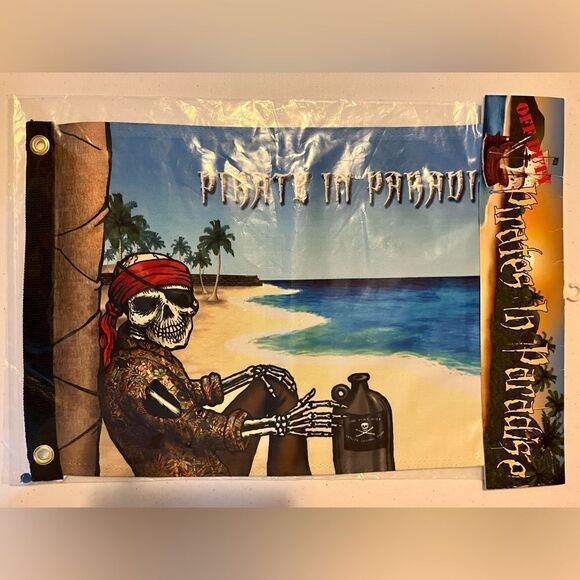 PIRATE IN PARADISE 12" x 18" Two Sided FLAG Boat Patio Deck beach Drinking Rum - Picture 2 of 3